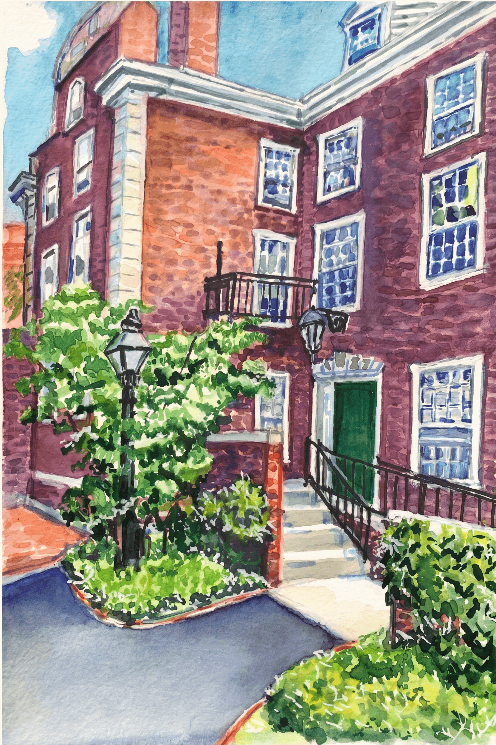 Crimson Courtyard — Allston, MA — hand-painted watercolor by Rimma Guzenko